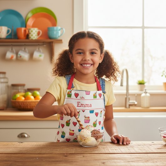子供用名前入りハートとアイスクリームエプロン エプロン