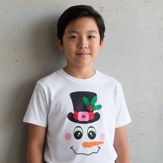 子供用帽子付き雪だるまフェイスTシャツ Tシャツ