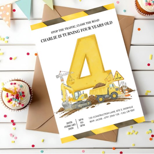 子供用黄色建設トラックの誕生日パーティー 招待状