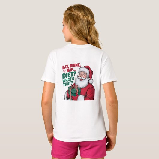 子供用 おもしろサンタ クリスマスTシャツ 食べて飲んで寝る Tシャツ (裏面フル)