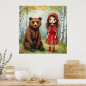 🌲 子供部屋にぴったりな、幻想的な少女と熊の森 🌲 ポスター (キッチン)