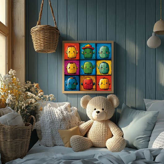 子供部屋の装飾にぴったりな遊び心あふれるサボテンキャラクターグリッド ポスター