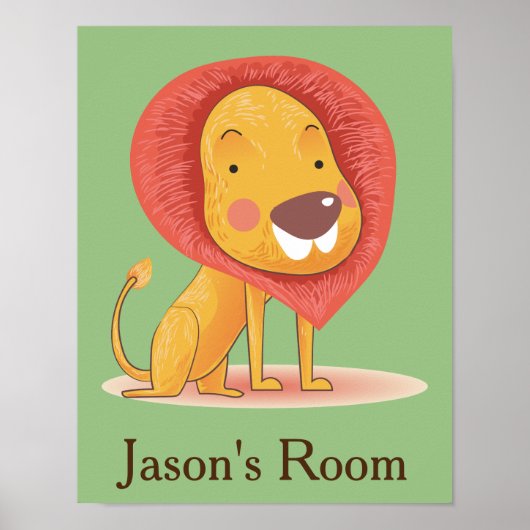 子供部屋イエローオレンジかわいいライオンパーソナライズされた ポスター (正面)