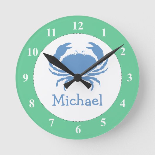 子供部屋ウォールクロックとブルーカニとベビー名 ラウンド壁時計 (正面)