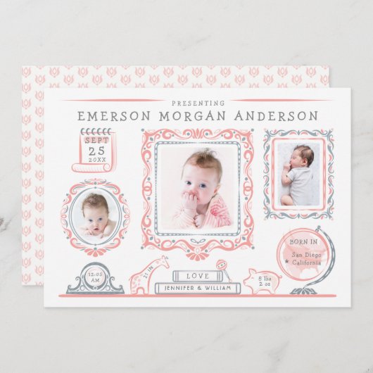 子供部屋ウォールベビーガール誕生発表 案内状 (正面/裏面)