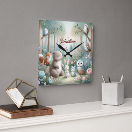 子供部屋デコール、森かわいい動物 – 名前をカスタムする スクエア壁時計