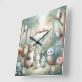 子供部屋デコール、森かわいい動物 – 名前をカスタムする スクエア壁時計 (傾斜)