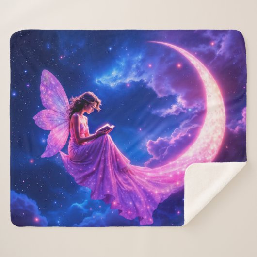 子供部屋ピンクの妖精ファンタジーグリッターネオンムーン シェルパブランケット (正面(横))