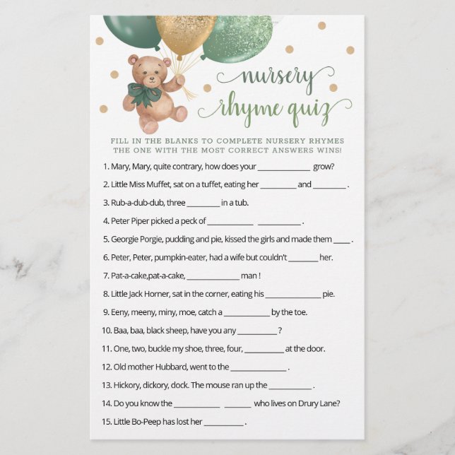 子供部屋ライムクイズゲームベビーシャワーテディベア (正面)