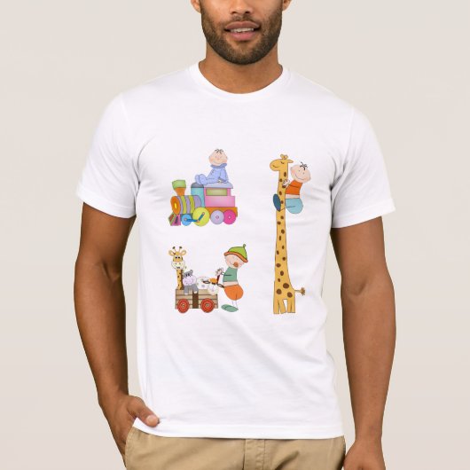 子供部屋列車キリンとワゴン付き男の赤ちゃん Tシャツ (正面)