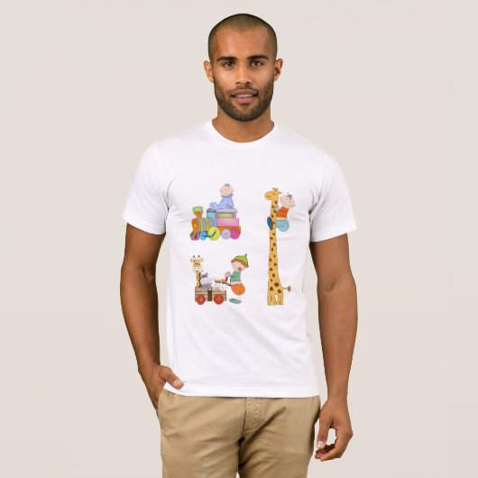 子供部屋列車キリンとワゴン付き男の赤ちゃん Tシャツ (正面フル)
