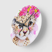 子供部屋時計ベビーチーターとピンクのフラワークラウン ラウンド壁時計 (傾斜)