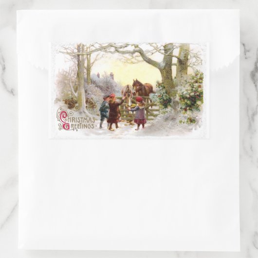 子供馬食べ物を与えアンティーククリスマス 長方形シール (バッグ)