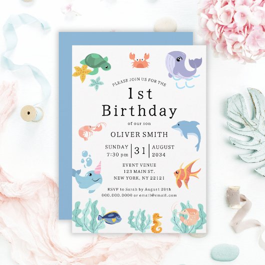 子供1日の誕生日パーティー海獣 招待状