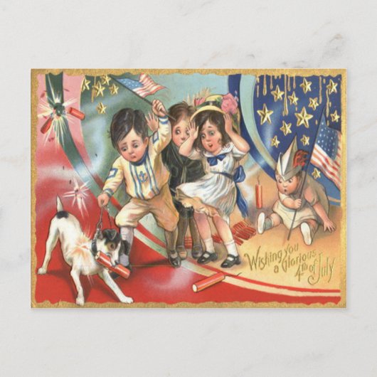 子供 アメリカ国旗 犬 花火 爆竹 ポストカード (正面)
