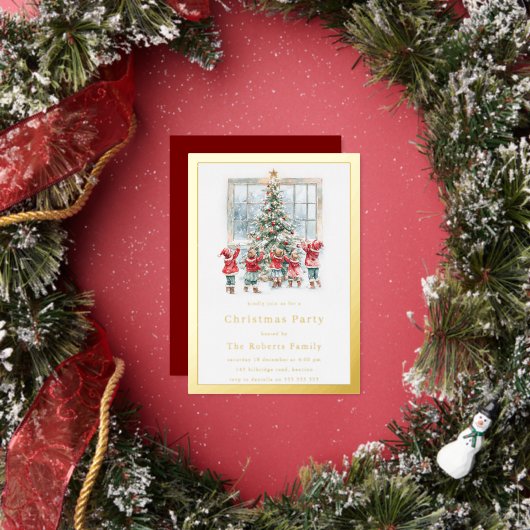 子供&ツリーゴールドフォイルクリスマスパーティー 箔招待状 (インサイチュ)