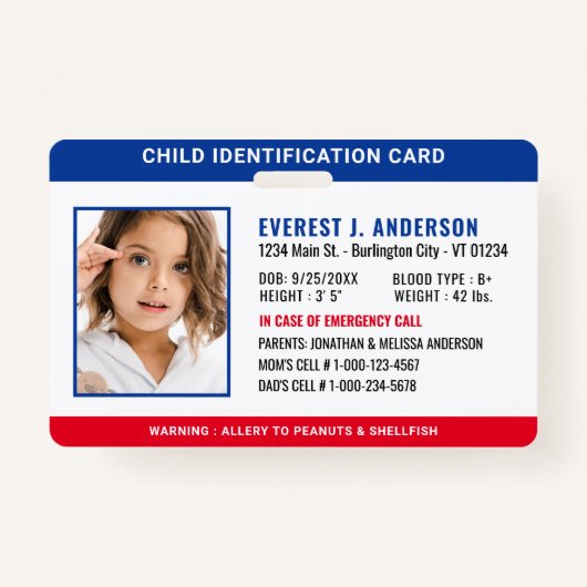 子供ID識別エマージェンシーカスタム写真 バッジ (正面)