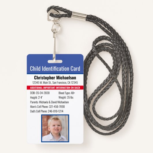 子供ID識別緊急アレルギー写真 バッジ (正面ランヤード)