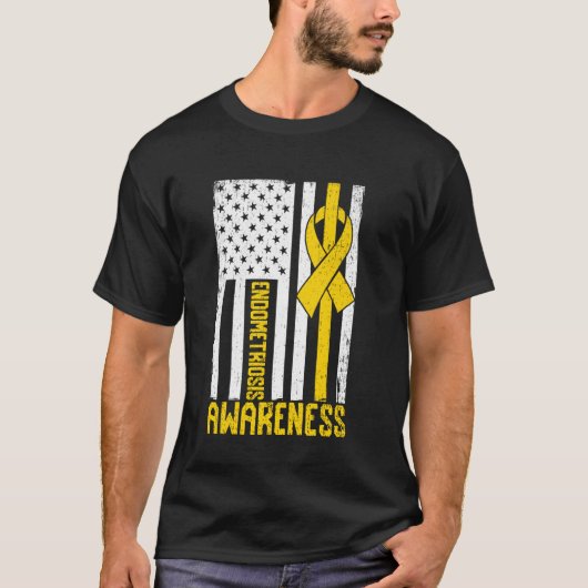 子宮内膜症啓発月間 アメリカ国旗 イエローリボン Tシャツ (正面)