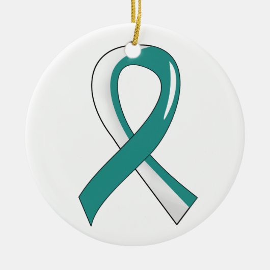 子宮頸癌・のティール(緑がかった色)の白いリボン3 セラミックオーナメント (正面)