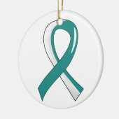 子宮頸癌・のティール(緑がかった色)の白いリボン3 セラミックオーナメント (左)