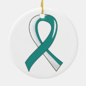 子宮頸癌・のティール(緑がかった色)の白いリボン3 セラミックオーナメント (裏面)