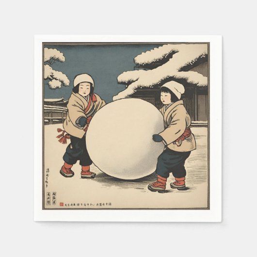 子日本のども転がの大きな雪玉 スタンダードカクテルナプキン (正面)