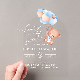 子熊、青い風船、1歳の誕生日 アクリル招待状