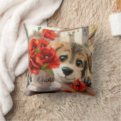 子犬おもしろいとケシの花 クッション (ブランケット)