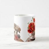 子犬おもしろいとケシの花 コーヒーマグカップ (中央)