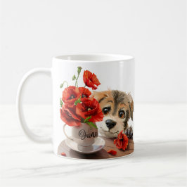 子犬おもしろいとケシの花 コーヒーマグカップ