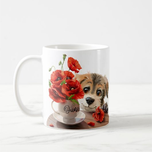 子犬おもしろいとケシの花 コーヒーマグカップ (左)
