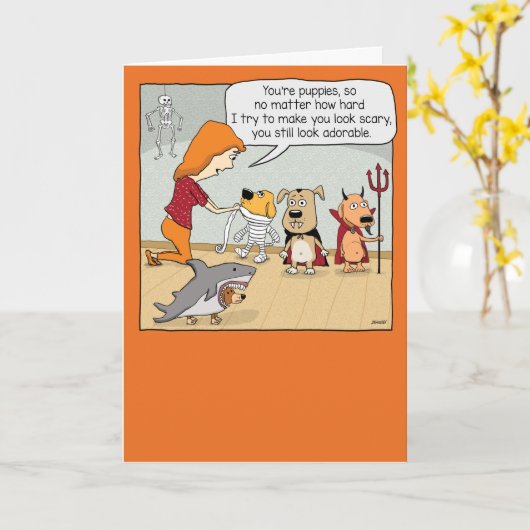 子犬おもしろいを怖いハロウィンにしようとしている カード (黄色い花)