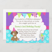 子犬および子ネコの招待状の女の子の誕生会 招待状 (正面/裏面)