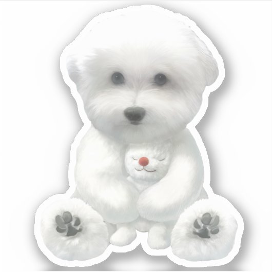 子犬がおもちゃを抱きしめている シール (正面)