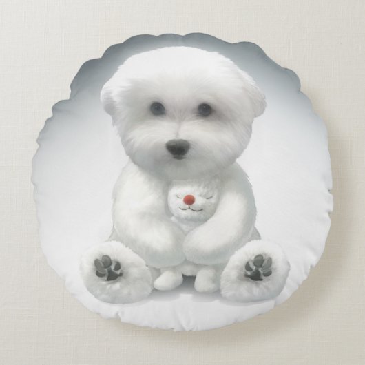 子犬がおもちゃを抱きしめている ラウンドクッション (正面)