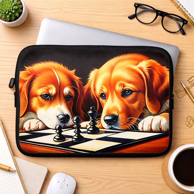 子犬がチェスをプレイ ラップトップスリーブ (クリエイターアップロード済み)