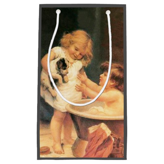 子犬が入浴するヴィンテージアンティーク スモールペーパーバッグ (正面)