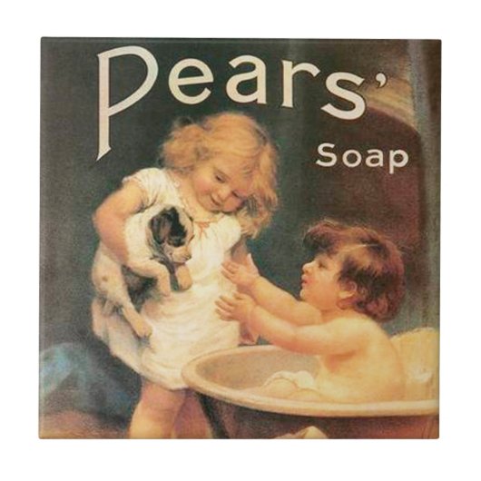 子犬が入浴するヴィンテージアンティーク タイル (正面)