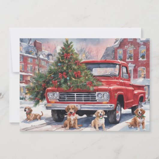 子犬たちと赤いトラックのクリスマス村 シーズンカード (正面)