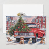 子犬たちと赤いトラックのクリスマス村 シーズンカード (正面/裏面)