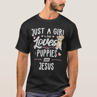 子犬とイエス・キリストが大好きな女の子へのギフト 女性用 Tシャツ