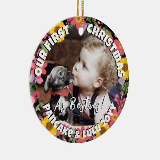 子犬とベビーの最初のクリスマスフォトフローラフレーム セラミックオーナメント (右)