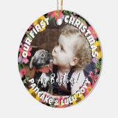 子犬とベビーの最初のクリスマスフォトフローラフレーム セラミックオーナメント (左)