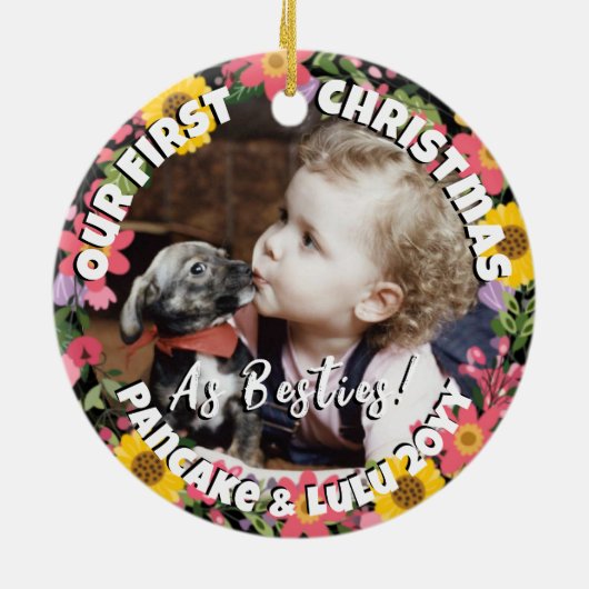 子犬とベビーの最初のクリスマスフォトフローラフレーム セラミックオーナメント (裏面)