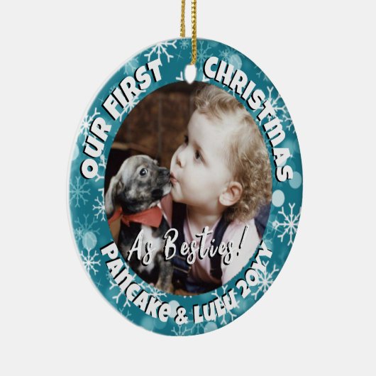 子犬とベビーの第1回クリスマスフォトブルー雪 セラミックオーナメント (右)