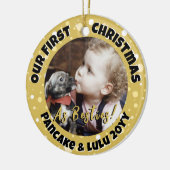 子犬とベビーの第1回クリスマスフォト金ゴールド縁ど セラミックオーナメント (左)