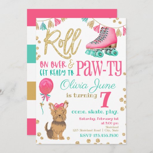 子犬とローラスケートで滑る誕生日招待状 招待状 (正面/裏面)