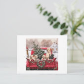 子犬と可愛いクリスマスレトロ赤いトラック シーズンポストカード (スタンド正面)