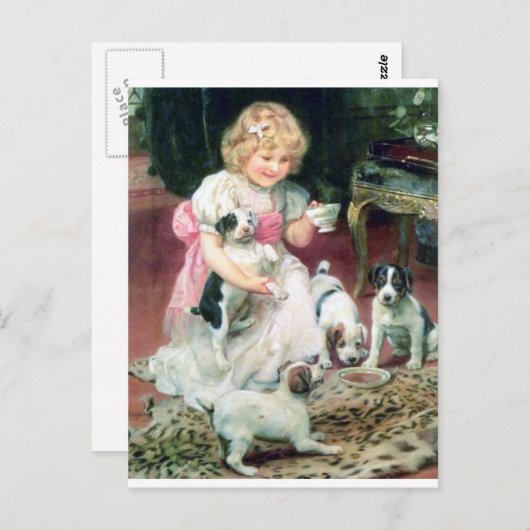 子犬と女の子のアンティーク絵を描ズ ポストカード (正面/裏面)